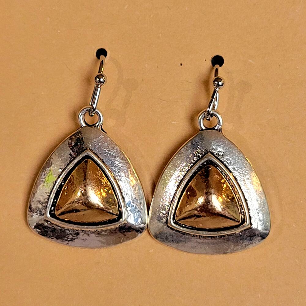 Silver Tone Drop Earrings w/ Gold Triangle Center Geometric Dangle Retro 1.7"